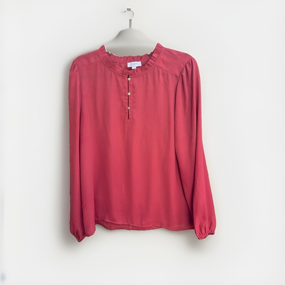 LOFT Outlet Womens Large Ruffle Rust Neck Metallic Stripe Long Sleeve Blouse Top
